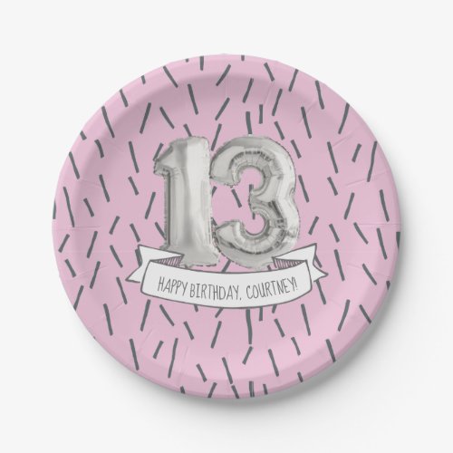 Pink and Gray Balloon Girls 13th Birthday Party Paper Plates