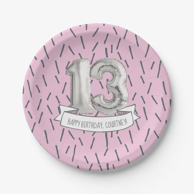 Pink and Gray Balloon Girls 13th Birthday Party Paper Plates (Front)