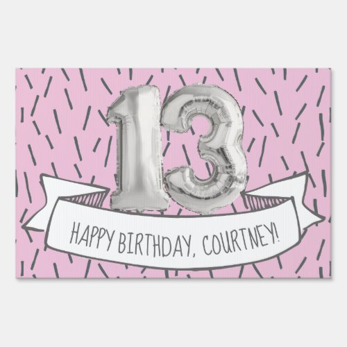 Pink and Gray Balloon Girls 13th Birthday Party Sign