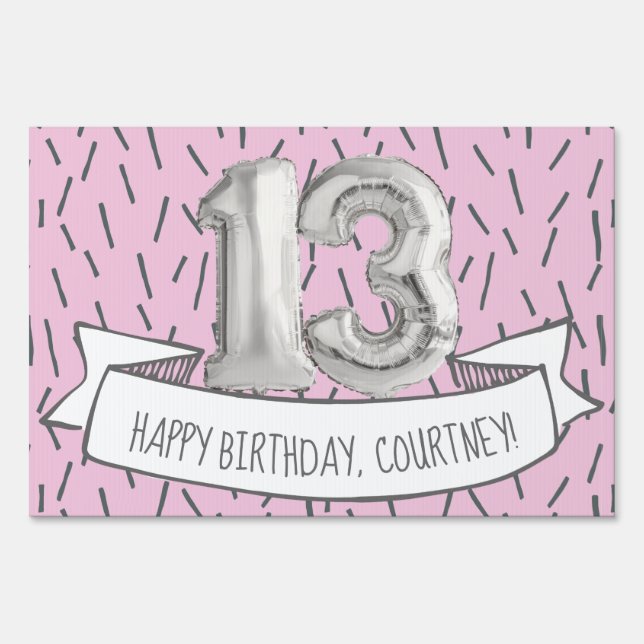 Pink and Gray Balloon Girls 13th Birthday Party Sign (Front)
