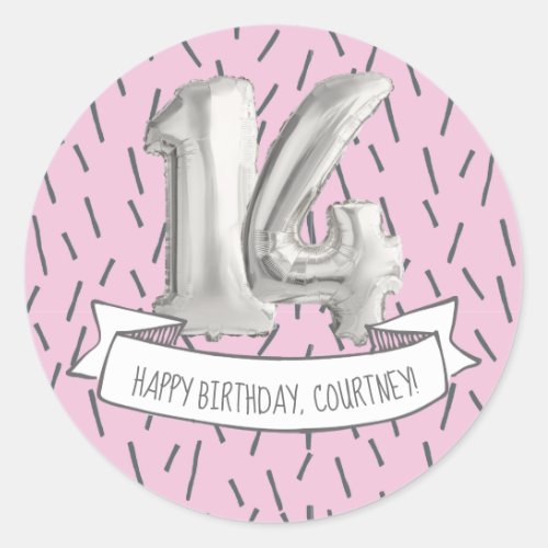 Pink and Gray Balloon Girls 14th Birthday Party Classic Round Sticker