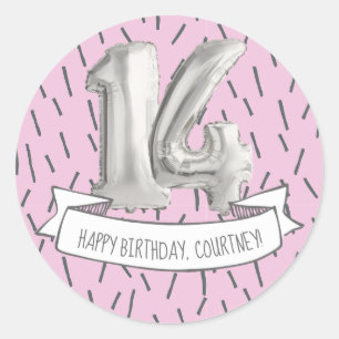Pink and Gray Balloon Girls 14th Birthday Party Classic Round Sticker