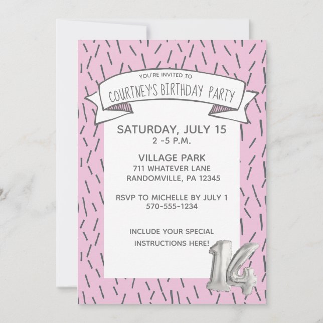 Pink and Gray Balloon Girls 14th Birthday Party Invitation (Back)
