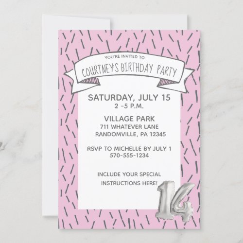 Pink and Gray Balloon Girls 14th Birthday Party Invitation