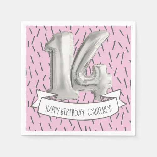 Pink and Gray Balloon Girls 14th Birthday Party Napkins