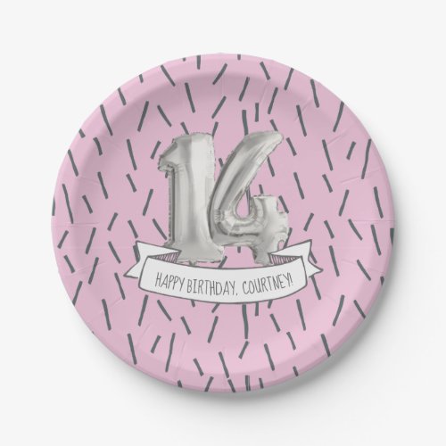 Pink and Gray Balloon Girls 14th Birthday Party Paper Plates
