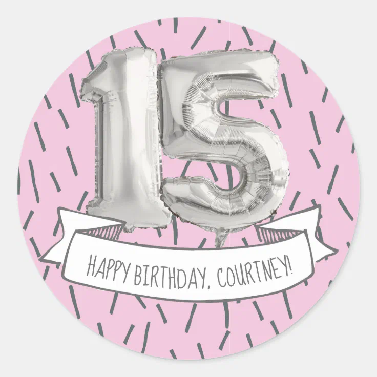 Pink and Gray Balloon Girls 15th Birthday Party Classic Round Sticker ...