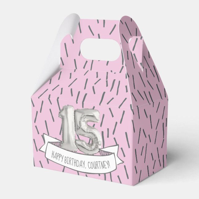 Pink and Gray Balloon Girls 15th Birthday Party Favor Boxes (Front Side)