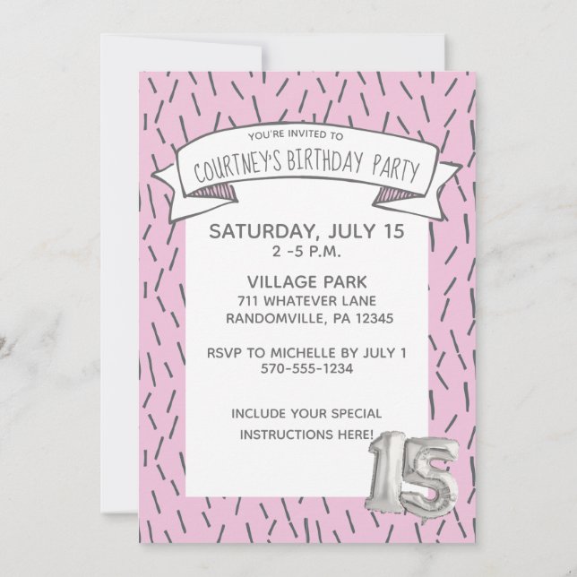 Pink and Gray Balloon Girls 15th Birthday Party Invitation (Back)