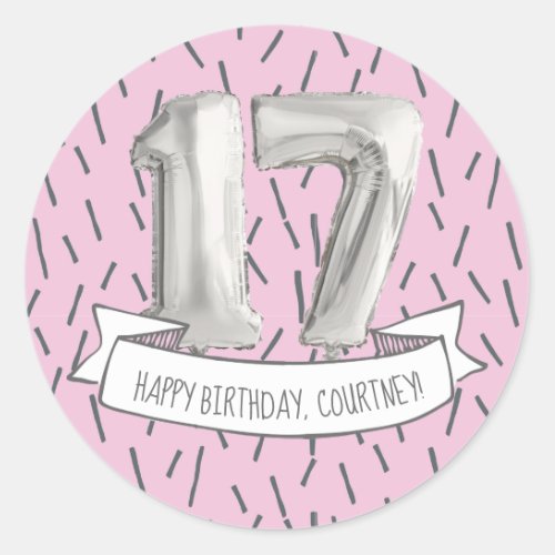 Pink and Gray Balloon Girls 17th Birthday Party Classic Round Sticker