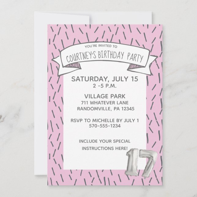 Pink and Gray Balloon Girls 17th Birthday Party Invitation (Back)