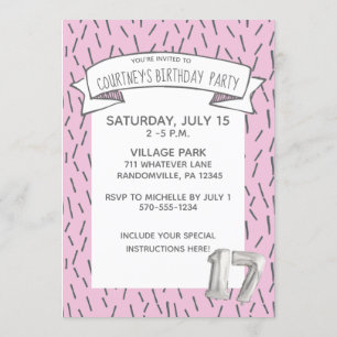 Pink and Gray Balloon Girls 17th Birthday Party Invitation