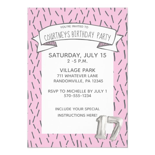 pink and gray balloon girls 17th birthday party invitation zazzle com