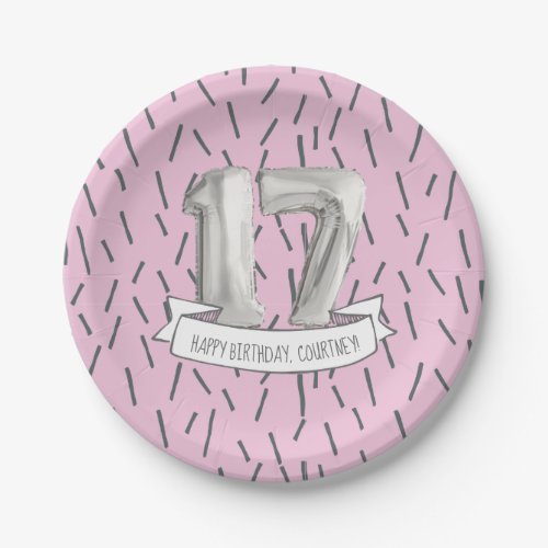Pink and Gray Balloon Girls 17th Birthday Party Paper Plates