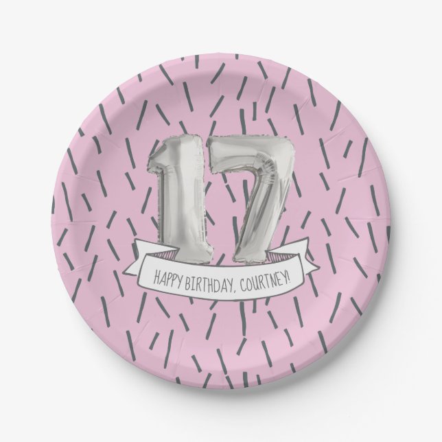 Pink and Gray Balloon Girls 17th Birthday Party Paper Plates (Front)