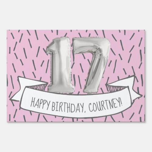 Pink and Gray Balloon Girls 17th Birthday Party Sign