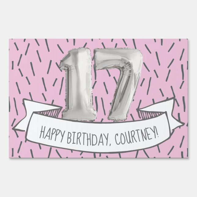 Pink and Gray Balloon Girls 17th Birthday Party Sign (Front)