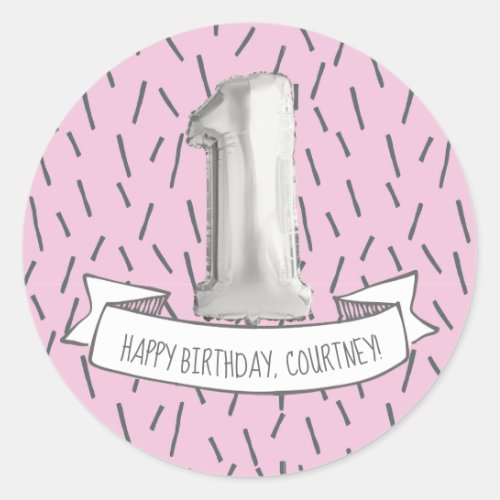 Pink and Gray Balloon Girls 1st Birthday Party Classic Round Sticker