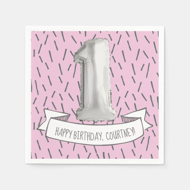 Pink and Gray Balloon Girls 1st Birthday Party Napkins (Front)