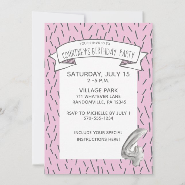 Pink and Gray Balloon Girls 4th Birthday Party Invitation (Back)