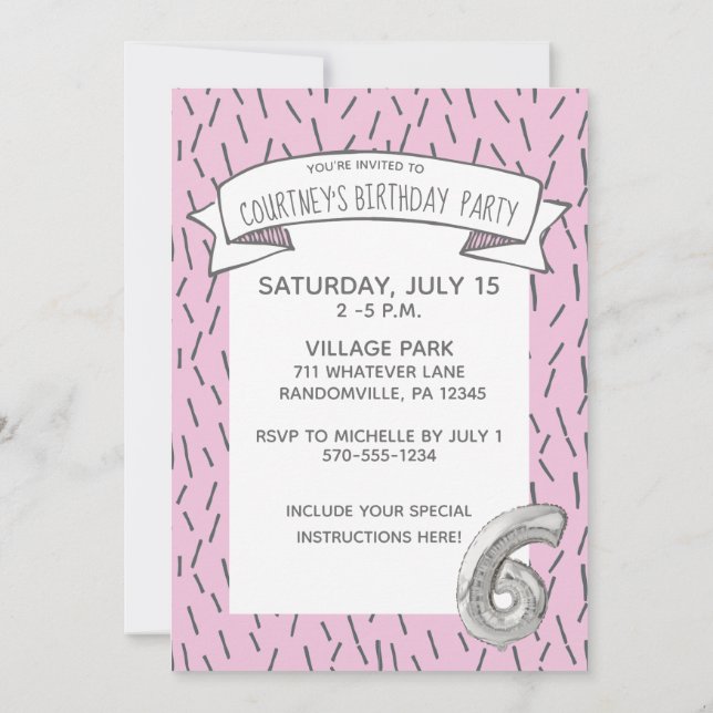Pink and Gray Balloon Girls 6th Birthday Party Invitation (Back)