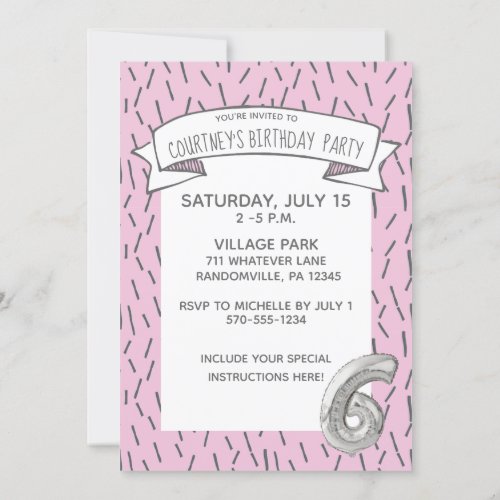 Pink and Gray Balloon Girls 6th Birthday Party Invitation