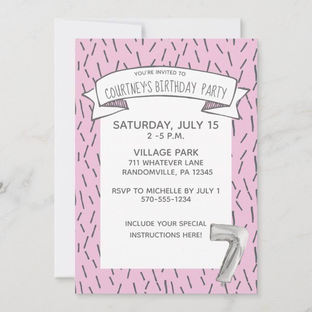 Pink and Gray Balloon Girls 7th Birthday Party Invitation (Back)