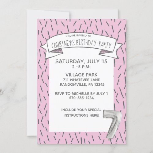 Pink and Gray Balloon Girls 7th Birthday Party Invitation