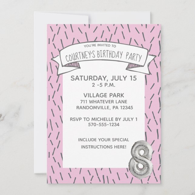 Pink and Gray Balloon Girls 8th Birthday Party Invitation (Back)