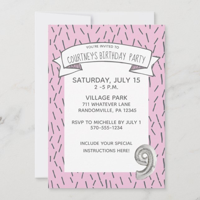 Pink and Gray Balloon Girls 9th Birthday Party Invitation (Back)