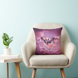 Pink and Gray Bat Pink Clouds Stars Halloween Throw Pillow