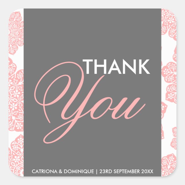 Pink and Gray Batik Flowers Thank You Sticker (Front)