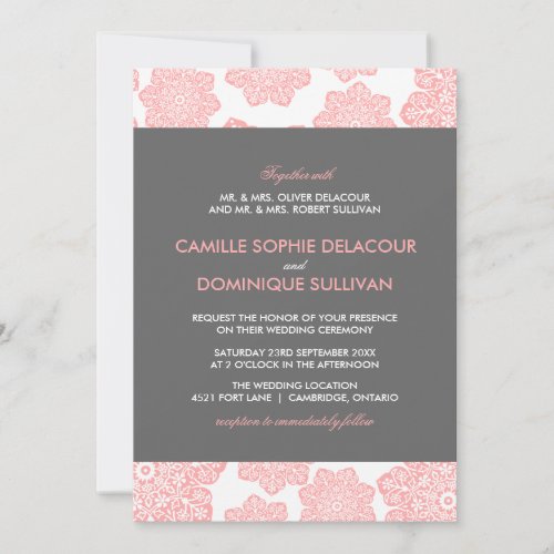 Pink and Gray Batik Flowers Wedding Invitation