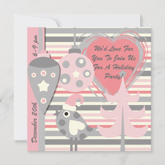 Pink and Gray Bird Stripe Holiday Party Invitation (Front)
