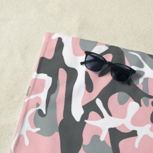 Pink and Gray Camouflage, Military, Army Beach Towel