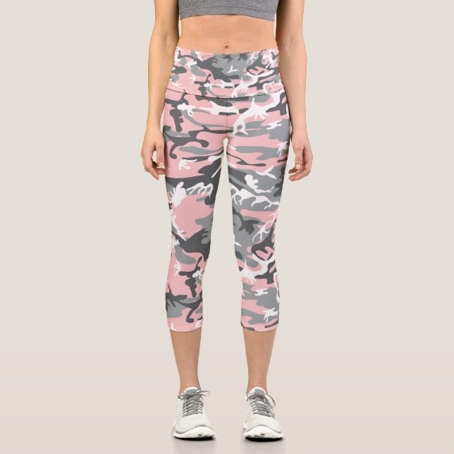 Pink and Gray Camouflage, Military, Army Capri Leggings (Front)
