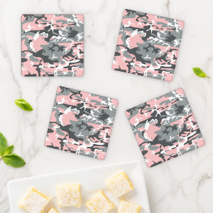 Pink and Gray Camouflage, Military, Army Coaster Set