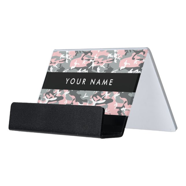 Pink and Gray Camouflage, Military, Army Desk Business Card Holder (Angled Front)