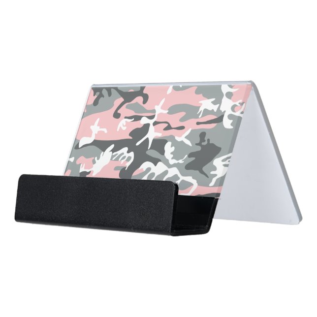 Pink and Gray Camouflage, Military, Army Desk Business Card Holder (Angled Front)