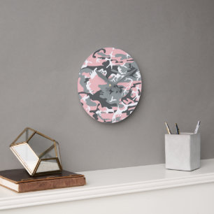 Pink and Gray Camouflage, Military, Army Round Clock