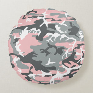 Pink and Gray Camouflage, Military, Army Round Pillow