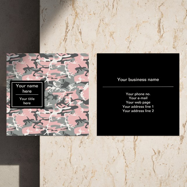 Pink and Gray Camouflage, Military, Army Square Business Card (Creator Uploaded)
