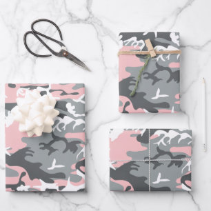 Pink and Gray Camouflage, Military, Army Wrapping Paper Sheets