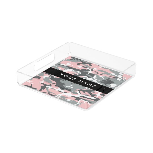 Pink and Gray Camouflage Your name Personalize Acrylic Tray (Angled)