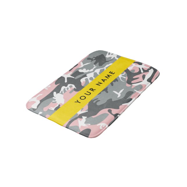 Pink and Gray Camouflage Your name Personalize Bath Mat (Angled)