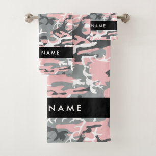 Pink and Gray Camouflage Your name Personalize Bath Towel Set