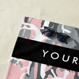 Pink and Gray Camouflage Your name Personalize Beach Towel
