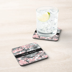 Pink and Gray Camouflage Your name Personalize Beverage Coaster