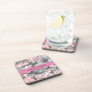 Pink and Gray Camouflage Your name Personalize Beverage Coaster