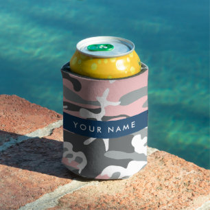 Pink and Gray Camouflage Your name Personalize Can Cooler